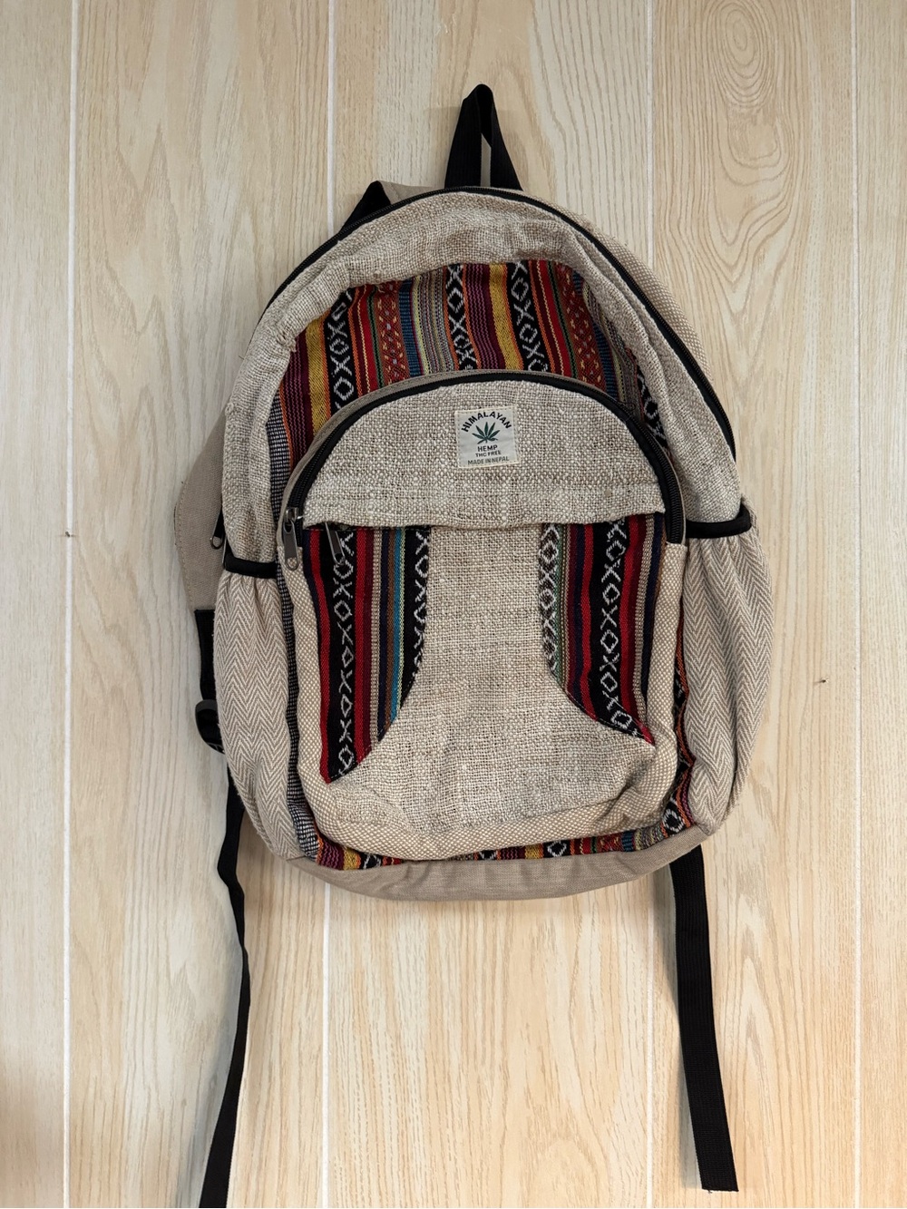 Himalayan Hemp Beige Woven Backpack with Multicolor Accents